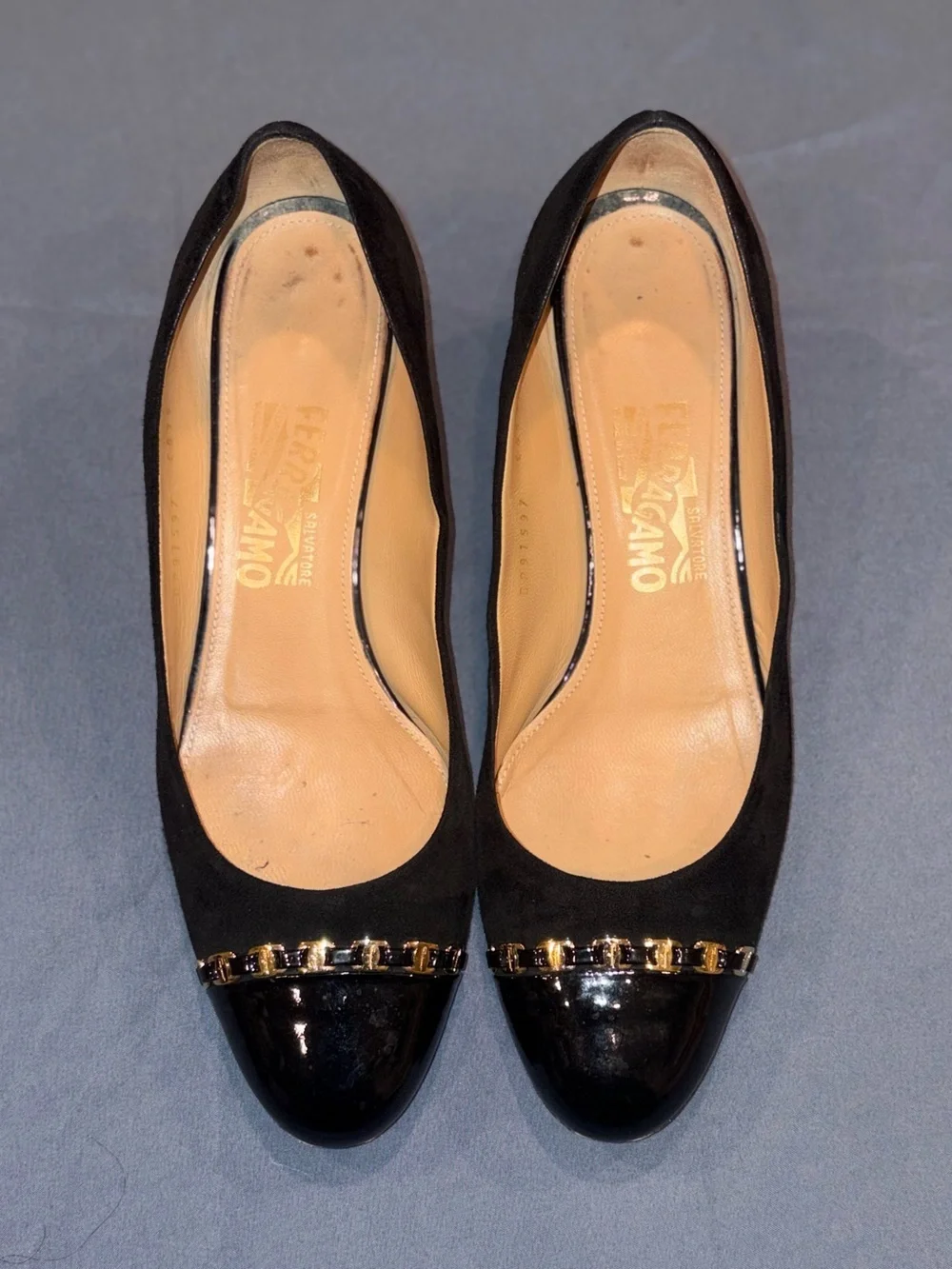 Salvatore Ferragamo Black Suede and Patent Pumps